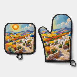 Mediterranean Village Painting Ovenwant & Pannenlap Set