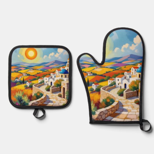 Mediterranean Village Painting Ovenwant & Pannenlap Set (Voorkant)