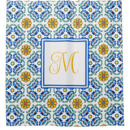 Mediterranean Yellow Blue Monogram Douchegordijn (Voorkant)
