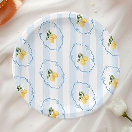 Mediterranean Yellow Lemon Blue Bows Baby shower Papieren Bordje