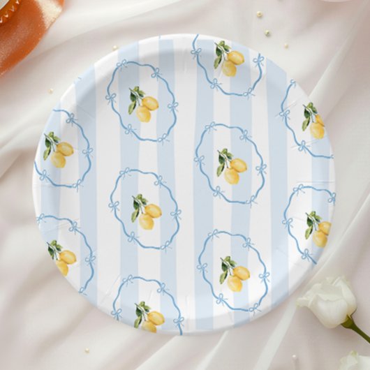 Mediterranean Yellow Lemon Blue Bows Baby shower Papieren Bordje