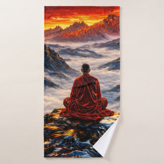 Meditierender Mönch im Berg Sonnenuntergang Bad Handdoek