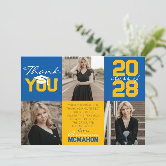Medium blauw & goud 3 foto Afstuderen dank u Kaart (Staand voorkant)