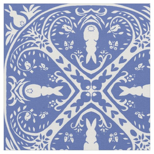 Medium Blue Bunny Rabbit Medallion Pattern Cute Stof (Close Up)