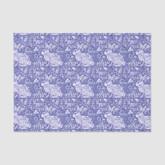 Medium Blue Rabbit Bunny Bird Floral Chinoiserie Tissuepapier (Voorkant)