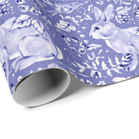 Medium Blue White Rabbit Bunny Bird Tile Cadeaupapier (Rol Hoek)