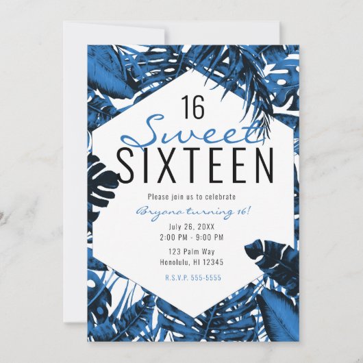 Medium Denim Blue Tropical Palm Leaves Sweet 16 Kaart (Voorkant)