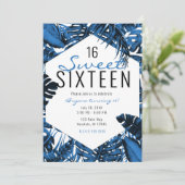 Medium Denim Blue Tropical Palm Leaves Sweet 16 Kaart (Staand voorkant)
