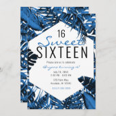Medium Denim Blue Tropical Palm Leaves Sweet 16 Kaart (Voorkant / Achterkant)