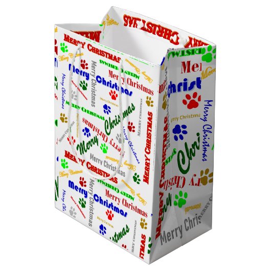 Medium Glossy Christmas Gift Bag w/Dog Paws Cadeauzakje (Achterkant Gekanteld)