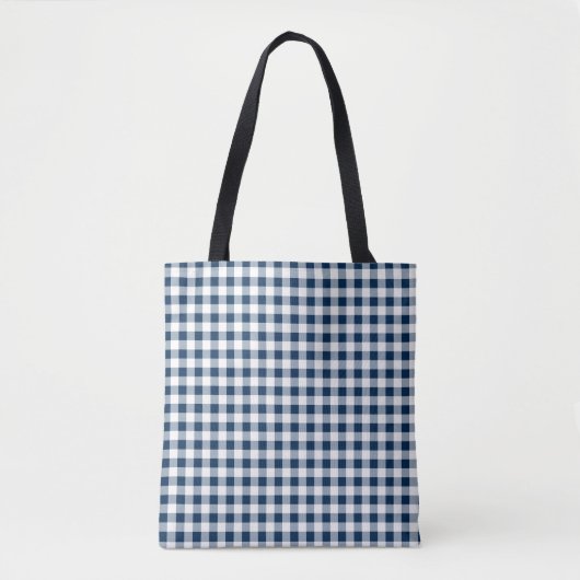 Medium Navy Blauw en Wit Gingham Check Tote Bag (Voorkant)
