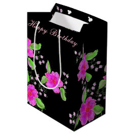 Medium Roze Bloemen Zwarte Verjaardag Gift-bag Medium Cadeauzakje