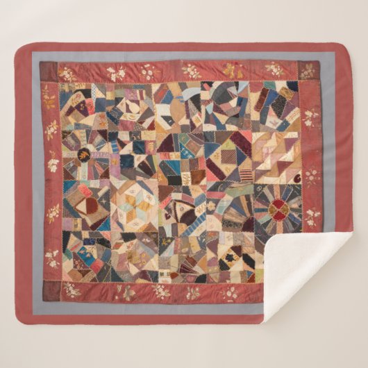Medium rustieke Crazy Patchwork Quilt Sherpa Deken (Voorkant (horizontaal))