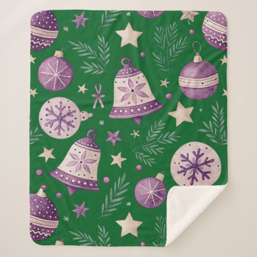 Medium Sherpa Blanket – Paarse kerstbellen & S Sherpa Deken (Voorkant)