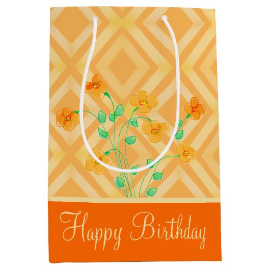 Medium Sinaasappel Bloemen Happy Birthday Gift Bag Medium Cadeauzakje (Voorkant)
