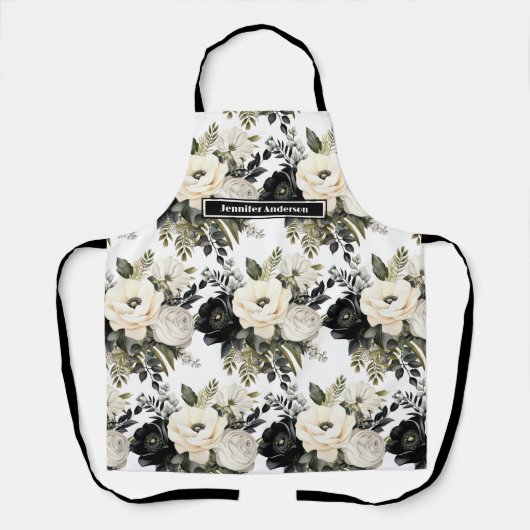 Medium Size Girly Zwart en Wit Bloemen Schort (Voorkant)