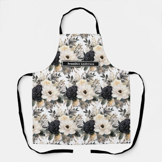 Medium Size Girly Zwart en Wit Bloemen Schort (Voorkant)