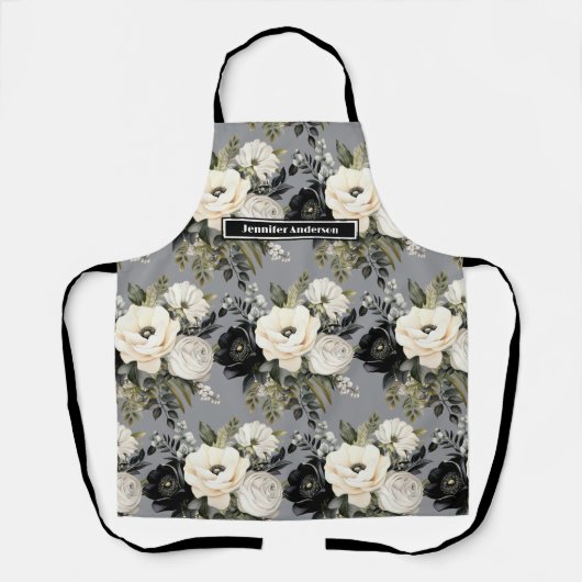 Medium Size Girly Zwart en Wit Bloemen Schort (Voorkant)