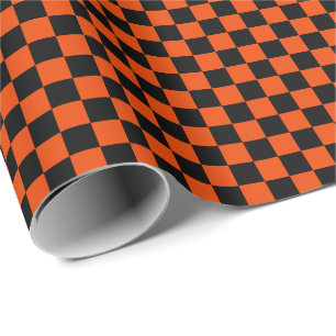 Medium zwarte en heldere Oranje controles Cadeaupapier