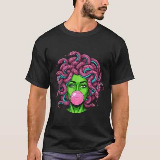Medusa Blowing Bubblegum P Art Mythology Design T-shirt (Voorkant)