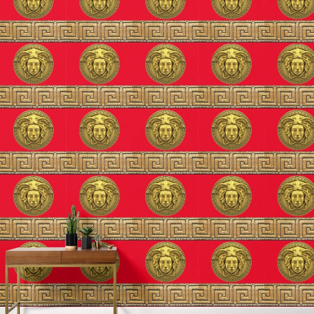 Medusa en Griekse Key Gold op RED Designer Behang (Hal)