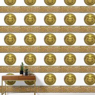 Medusa en Griekse Sleutel Goud op WIT Designer Behang