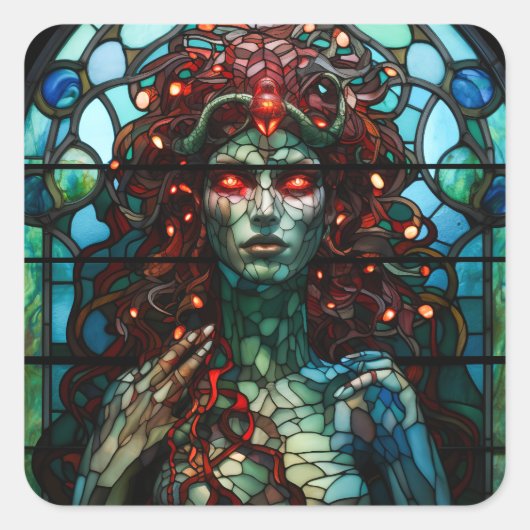 Medusa - Glas in lood venster Tiffany stijl Vierkante Sticker (Voorkant)
