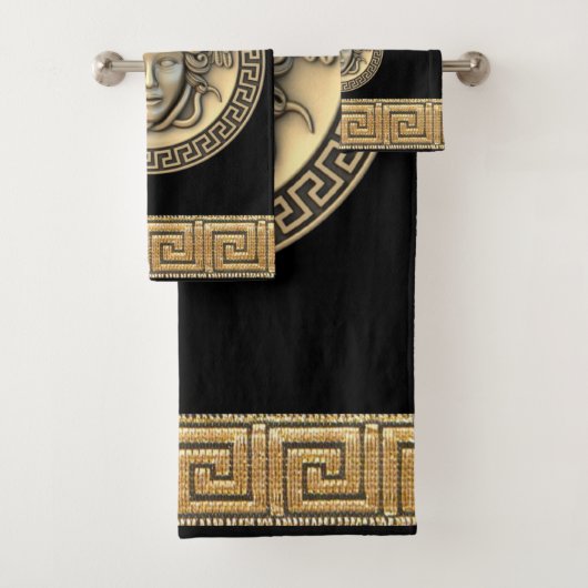 Medusa Golden Gorgon Griekse Sleutel Zwart Bad Handdoek (Insitu)