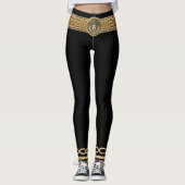 Medusa Griekse Sleutel Basic Goud op Zwart Designe Leggings (Voorkant)