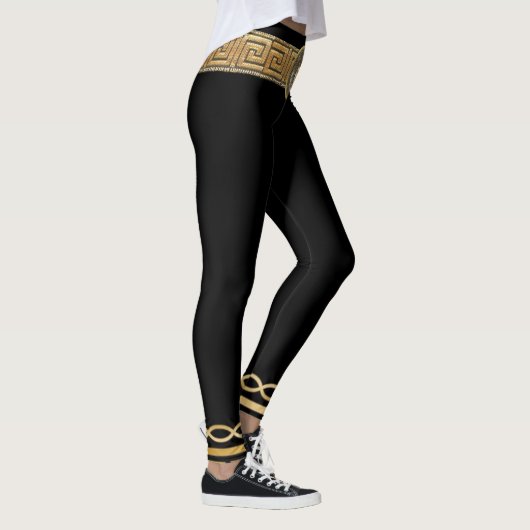 Medusa Griekse Sleutel Basic Goud op Zwart Designe Leggings (Rechts)