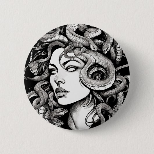 Medusa hoofd tattoo stijl ronde button 5,7 cm (Voorkant)