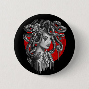 MEDUSA - Snake Head Girl uit het Tattoo van de Gri Ronde Button 5,7 Cm