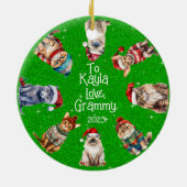 Mee-owy Kerst Feestelijke Katten op Groene Glitter Keramisch Ornament (Achterkant)