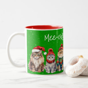 Mee-owy Kerst Feestelijke Katten op Groene Glitter Tweekleurige Koffiemok
