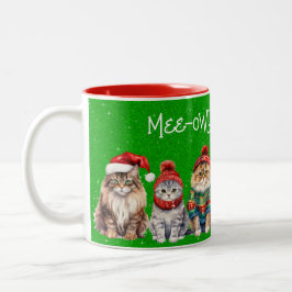 Mee-owy Kerst Feestelijke Katten op Groene Glitter Tweekleurige Koffiemok