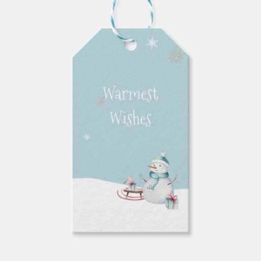 Mee warmste wensen Sneeuwman slee cadeaus Cadeaulabel (Voorkant)