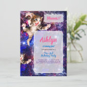 Meeauw! Cat Jumping in Space Party Invitation Kaart (Staand voorkant)