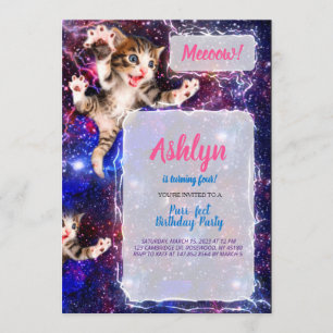 Meeauw! Cat Jumping in Space Party Invitation Kaart