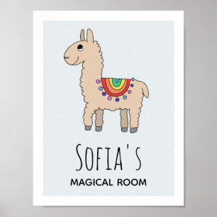 Meeisjes Cute Regenboog Lama Cartoon & Naam Kinder Poster