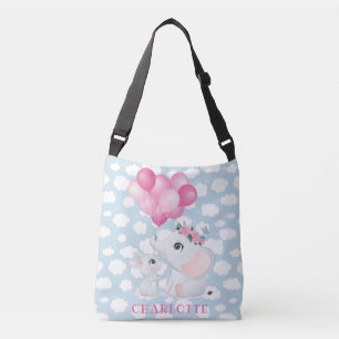 Meelevende olifant en konijn met bloemen en ballon crossbody tas