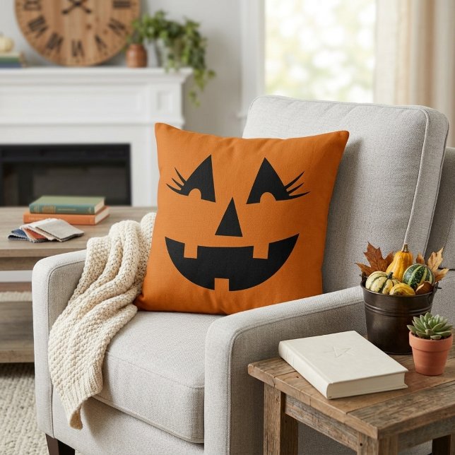 Meelevrouwelijke Jack-O-Lantern Pompoen Gezicht Kussen (Girly Jack-O-Lantern Pumpkin Face Throw Pillow)