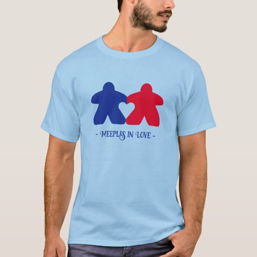 Meeples in Liefde, Blauw & Rood Mannen Shirt (Voorkant)