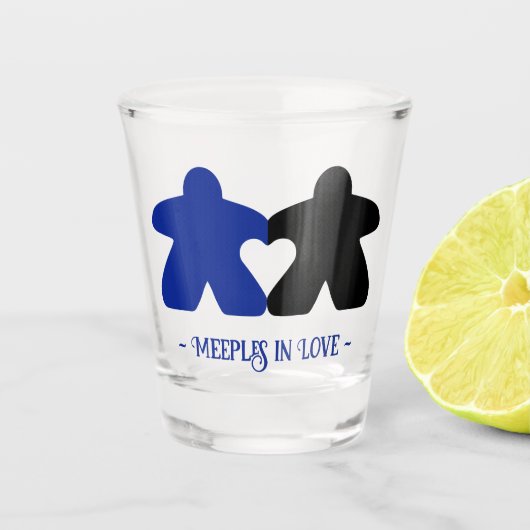 Meeples in Love, Blauw & Zwart Shot Glas (Voorkant)