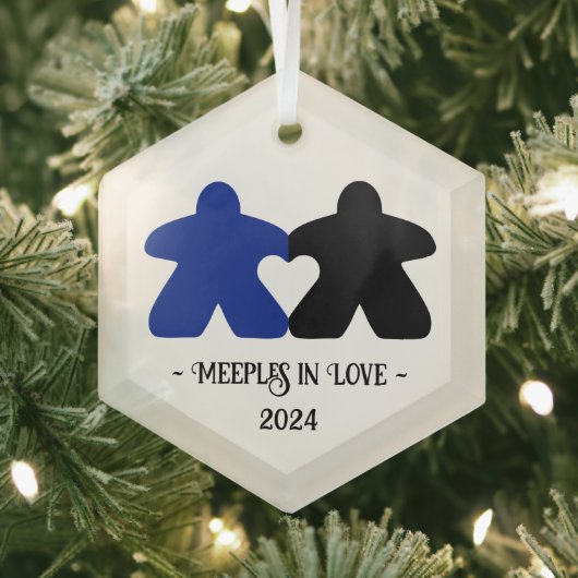 Meeples in Love, Blue & Black Glass Ornament (Insitu)
