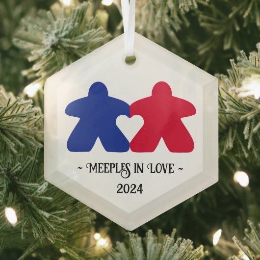 Meeples in Love, Blue & Red Glass Ornament (Insitu)