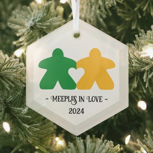 Meeples in Love, Green & Yellow Glass Ornament (Insitu)