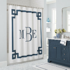Meer Blauw en Wit Griekse Sleutel | Monogram Douchegordijn