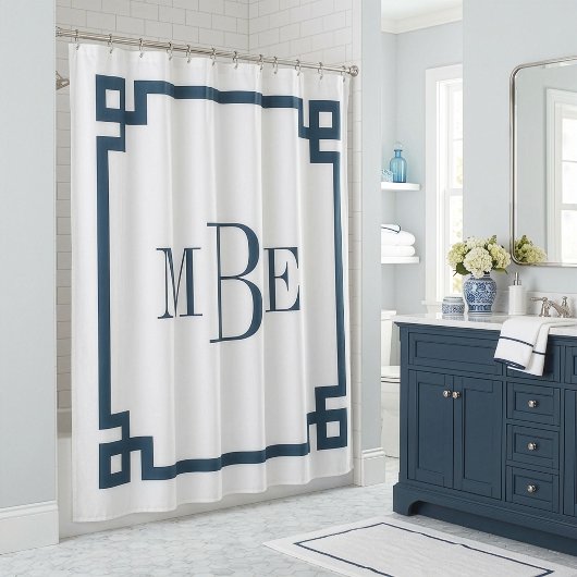 Meer Blauw en Wit Griekse Sleutel | Monogram Douchegordijn