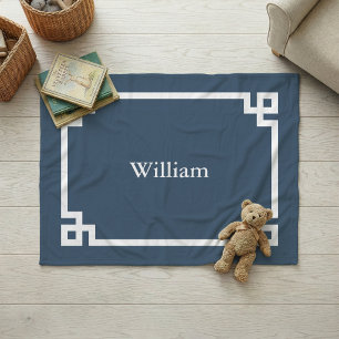 Meer Blauw en Wit Griekse Sleutel Monogram Fleece Deken