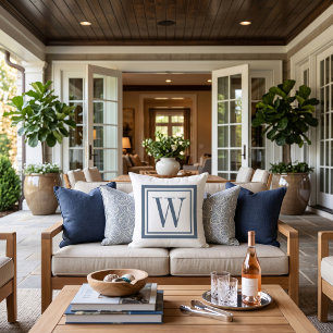 Meer Blauwe en Witte Klassieke Vierkante Monogram Buitenkussen